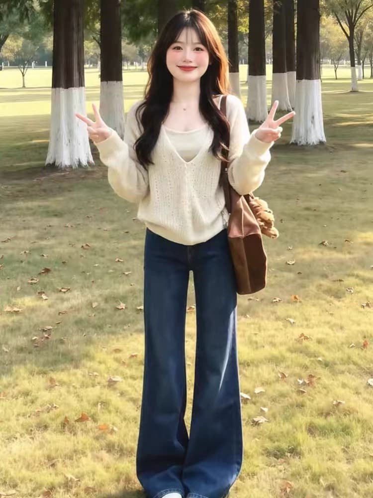 착용 가져 가라. 전체 집합 2026 가을 겨울 소금 부서 빛 요리 한 아름다운 고급 센스 블라우스 슬립 니트 스웨터 청바지 세트 이미지 3