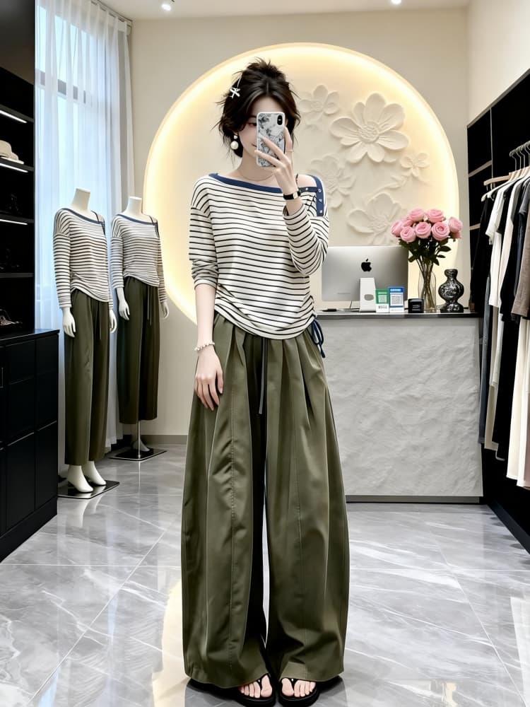 ootd 착용 가져 가라. 전체 집합 자이언트 잘 생긴 패션 고급 센스 아름다운 고유 한 아름다운 니트 맨위 와이드 레그 팬츠 세트 상세 이미지 2