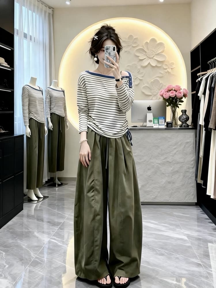 ootd 착용 가져 가라. 전체 집합 자이언트 잘 생긴 패션 고급 센스 아름다운 고유 한 아름다운 니트 맨위 와이드 레그 팬츠 세트 상세 이미지 5