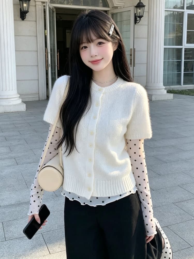 2026 가을 겨울 자이언트 잘 생긴 ~ 중 한 부서 착용 가져 가라. 전체 집합 반팔 스웨터 오픈 가디건 스택 착용 기본 셔츠 투피스 슈트 상세 이미지 2