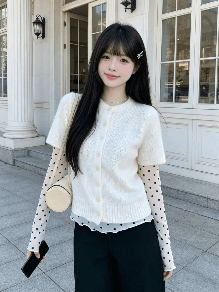 2026 가을 겨울 자이언트 잘 생긴 ~ 중 한 부서 착용 가져 가라. 전체 집합 반팔 스웨터 오픈 가디건 스택 착용 기본 셔츠 투피스 슈트 상세 이미지 4