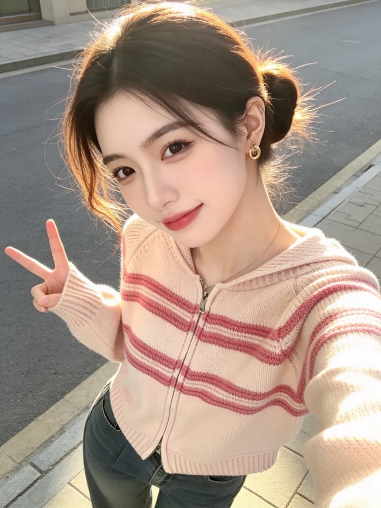 부드러운 바람 핑크색 스트라이프 니트 재킷 여성 의류 2026 가을 겨울 루즈핏 디스플레이 얇고 작은 폴로 칼라 지퍼 긴팔 맨위 이미지 4