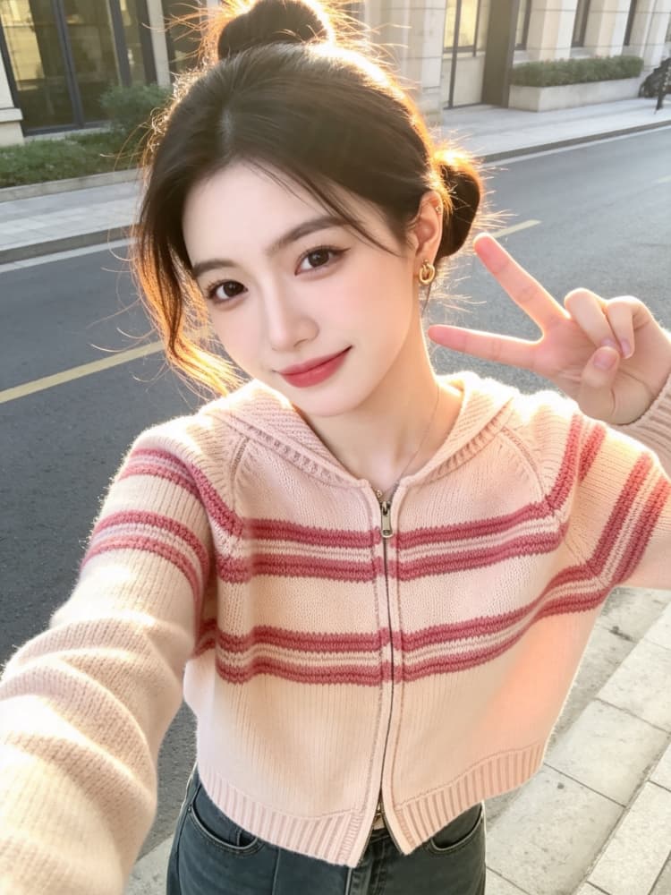 부드러운 바람 핑크색 스트라이프 니트 재킷 여성 의류 2026 가을 겨울 루즈핏 디스플레이 얇고 작은 폴로 칼라 지퍼 긴팔 맨위 상세 이미지 2