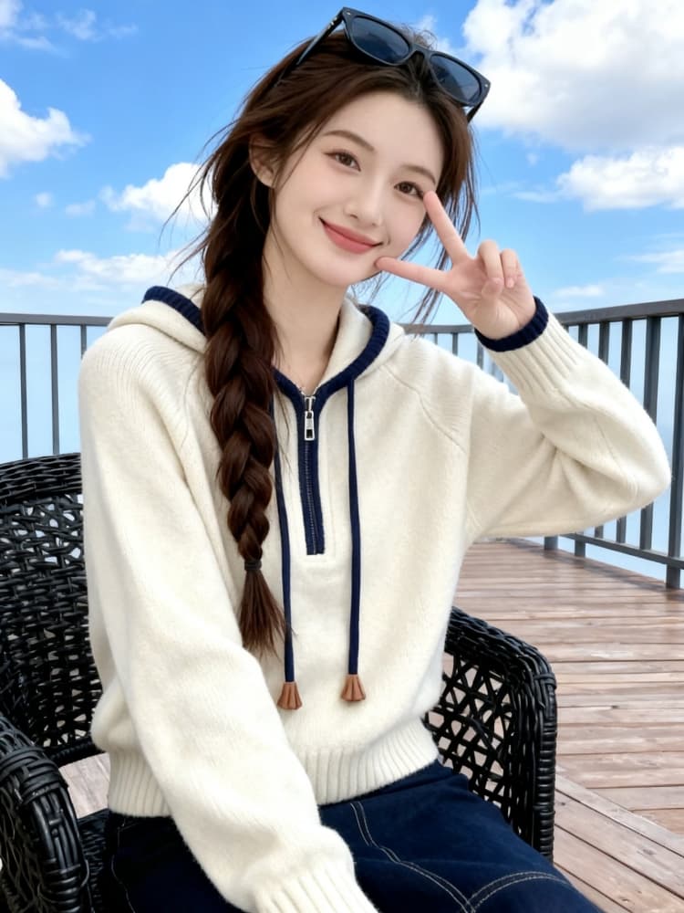 자이언트 잘 생긴 ~ 중 후드 튀김 거리 니트 스웨터 맨위 여성 2026 가을 겨울 새로운 인기 루즈핏 슬림해 보이는 스웨터 외출용 상세 이미지 3