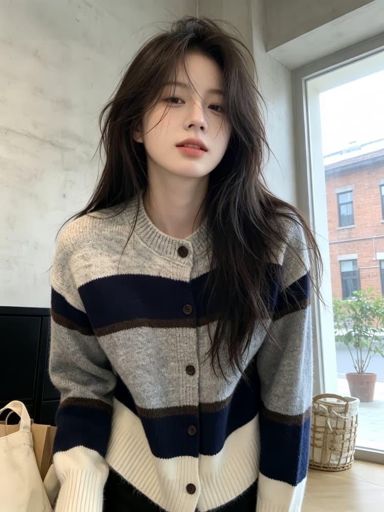 디자인 센스 배색 스트라이프 스웨터 오픈 가디건 여성 가을 겨울 레트로 느긋한 바람 부드러운 찹쌀 작은 키 니트 맨위 재킷 상세 이미지 1