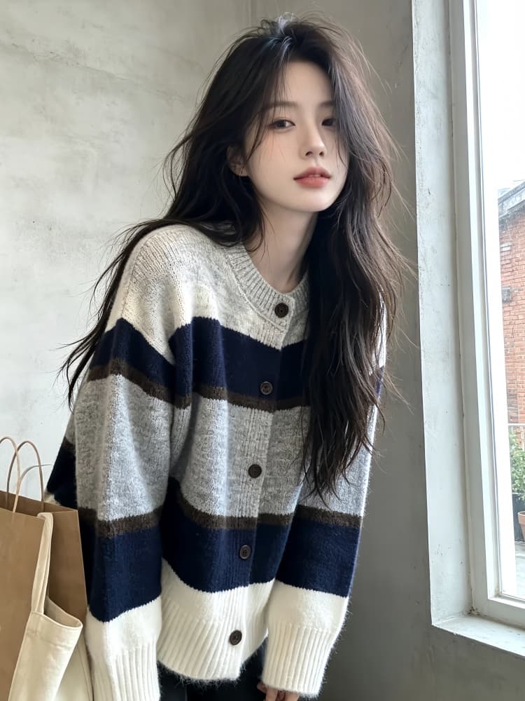 디자인 센스 배색 스트라이프 스웨터 오픈 가디건 여성 가을 겨울 레트로 느긋한 바람 부드러운 찹쌀 작은 키 니트 맨위 재킷 상세 이미지 2