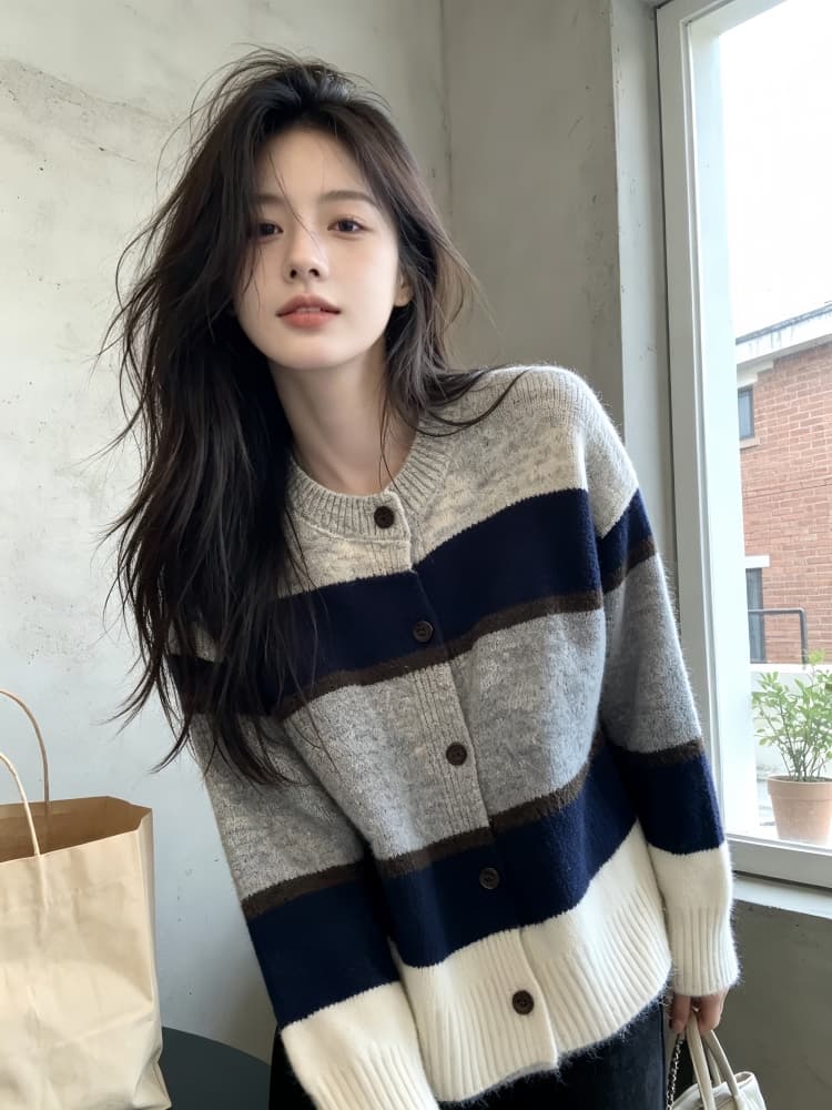 디자인 센스 배색 스트라이프 스웨터 오픈 가디건 여성 가을 겨울 레트로 느긋한 바람 부드러운 찹쌀 작은 키 니트 맨위 재킷 상세 이미지 4
