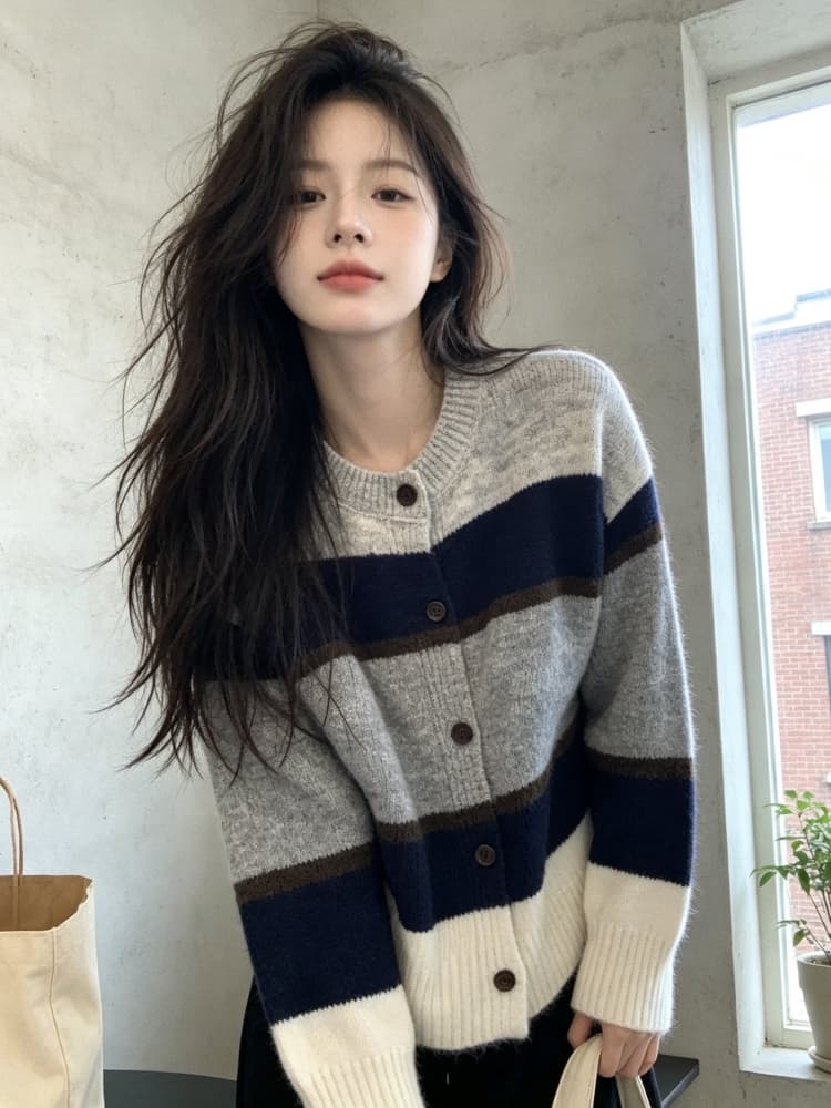 디자인 센스 배색 스트라이프 스웨터 오픈 가디건 여성 가을 겨울 레트로 느긋한 바람 부드러운 찹쌀 작은 키 니트 맨위 재킷 상세 이미지 5