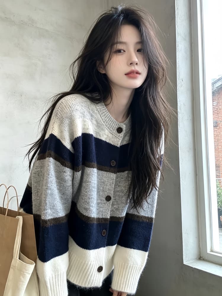 디자인 센스 배색 스트라이프 스웨터 오픈 가디건 여성 가을 겨울 레트로 느긋한 바람 부드러운 찹쌀 작은 키 니트 맨위 재킷 상세 이미지 6