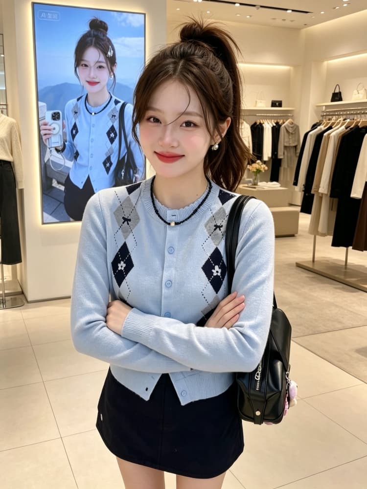 한 부서 다이아몬드 모양 체크무늬 니트 오픈 가디건 여성 가을 외부 가져 가라. 학원 스타일 작은 키 연령 감소 다용도 재킷 맨위 이미지 3