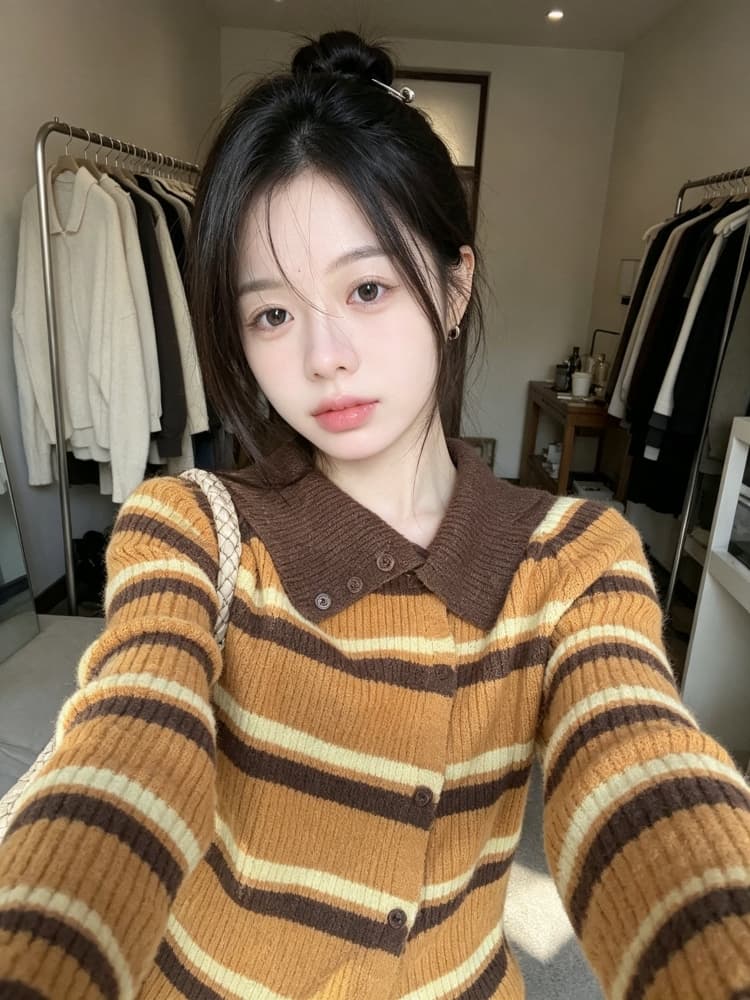한 부서 chic 배색 스트라이프 폴로 칼라 긴팔 니트 스웨터 여성 2026 가을 새로운 자이언트 잘 생긴 ~ 중 오픈 가디건 맨위 상세 이미지 4