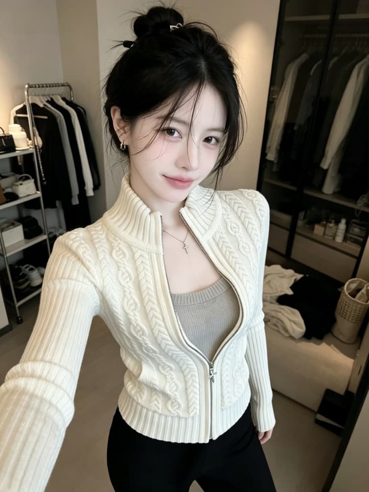 지퍼 꽈배기 니트 오픈 가디건 여성 2026 가을 겨울 새로운 몸매 가꾸기 스탠드 칼라 스웨터 고급 센스 반하이넥 맨위 트렌디 상세 이미지 1