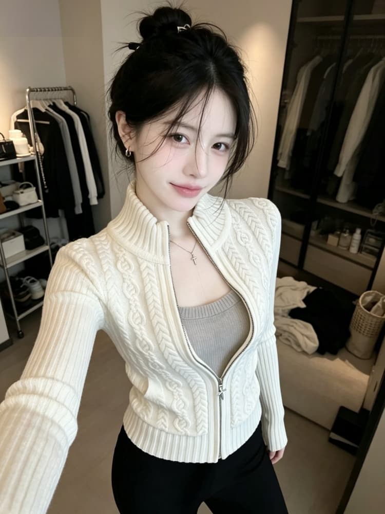 지퍼 꽈배기 니트 오픈 가디건 여성 2026 가을 겨울 새로운 몸매 가꾸기 스탠드 칼라 스웨터 고급 센스 반하이넥 맨위 트렌디 상세 이미지 5