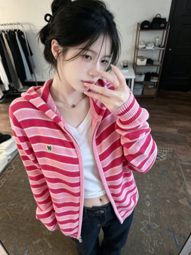 레트로 배색 스트라이프 니트 오픈 가디건 여성 가을 2026 새로운 디자인 센스 후드 지퍼 재킷 긴팔 스웨터 상세 이미지 4