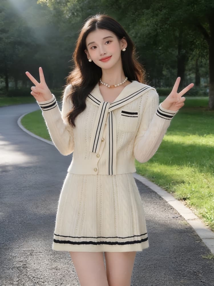 한 부서 학원 스타일 자이언트 잘 생긴 아름다운 ootd 착용 가져 가라. 전체 집합 해군 칼라 니트 스웨터 미니 스커트 두 조각 여성