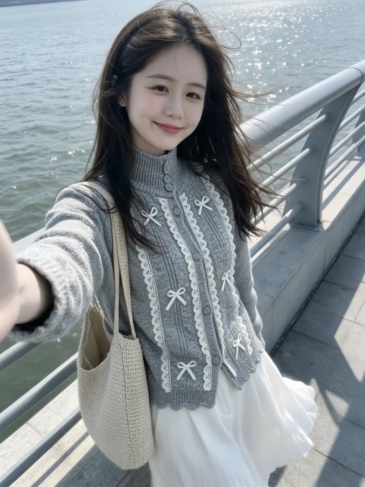 부드러운 느긋한 바람 반하이넥 나비 매듭 니트 오픈 가디건 맨위 여성 가을 겨울 새로운 디자인 센스 스웨터 코트 트렌디 상세 이미지 2