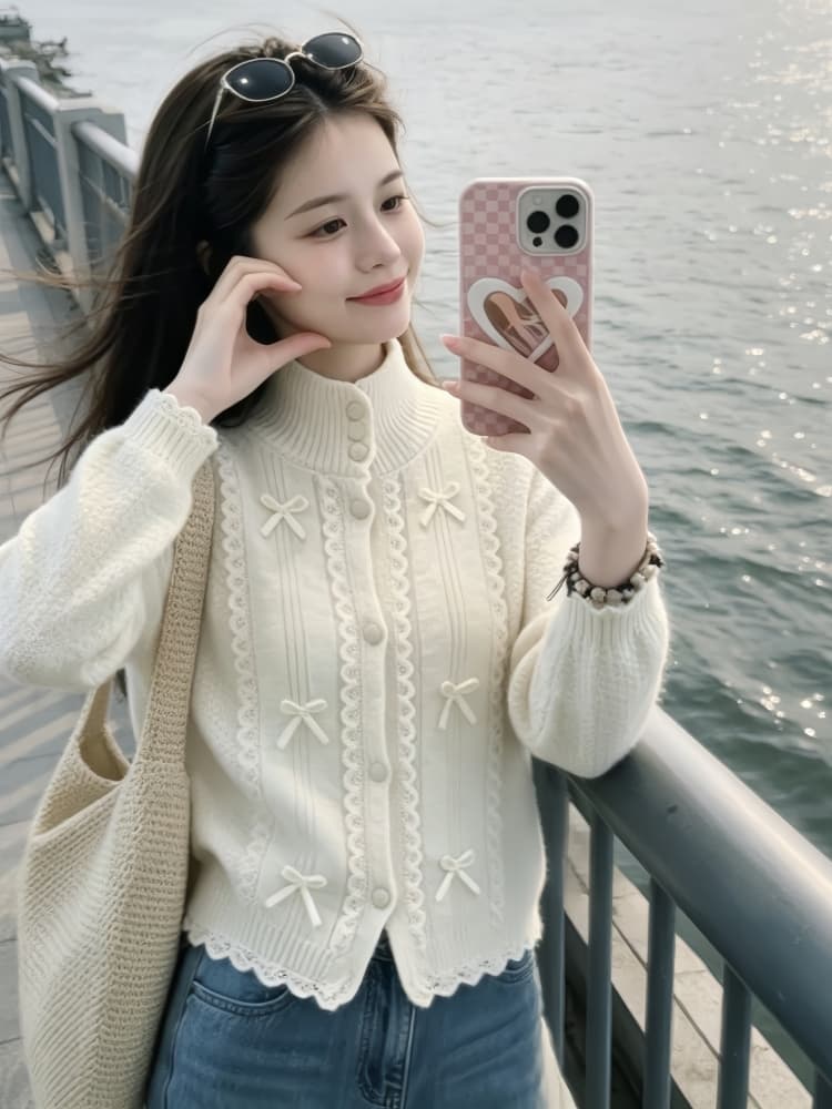 부드러운 느긋한 바람 반하이넥 나비 매듭 니트 오픈 가디건 맨위 여성 가을 겨울 새로운 디자인 센스 스웨터 코트 트렌디 상세 이미지 5