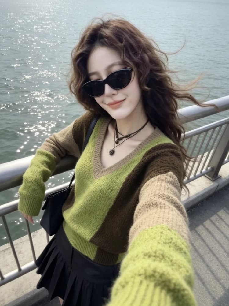 한 부서 고급 배색 패치워크 V넥 스웨터 여자 가을 겨울 디자인 루즈핏 슬림해 보이는 긴팔 니트 스웨터 맨위 외출용 이미지 4