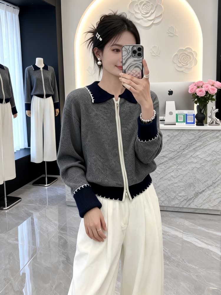 새로운 학원 스타일 해군 칼라 패치워크 색상 지퍼 스웨터 코트 루즈핏 슬림해 보이는 외국 가스 가을 겨울 니트 오픈 가디건 외부 가져 가라. 상세 이미지 2