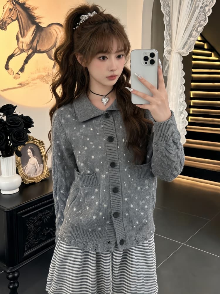 가을 겨울 새로운 한 부서 연령 감소 부드러운 바람 배색 도트 무늬 폴로 칼라 니트 오픈 가디건 느긋한 센스 몸매 가꾸기 스웨터 코트 이미지 3