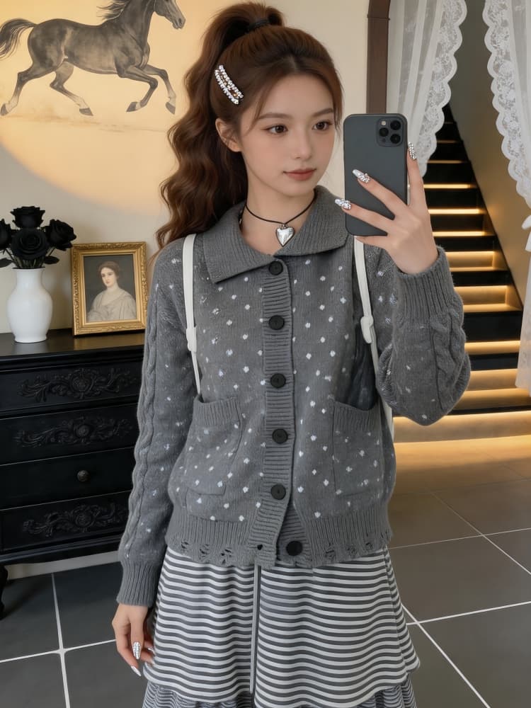 가을 겨울 새로운 한 부서 연령 감소 부드러운 바람 배색 도트 무늬 폴로 칼라 니트 오픈 가디건 느긋한 센스 몸매 가꾸기 스웨터 코트 상세 이미지 4