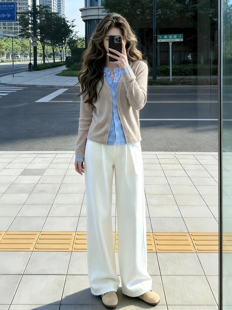 빛 요리 한 코치 전체 집합 착용 가져 가라. 새로운 패션 연령 감소 페이크 레이어드 니트 오픈 가디건 캐주얼 청바지 세트 트렌디 상세 이미지 1