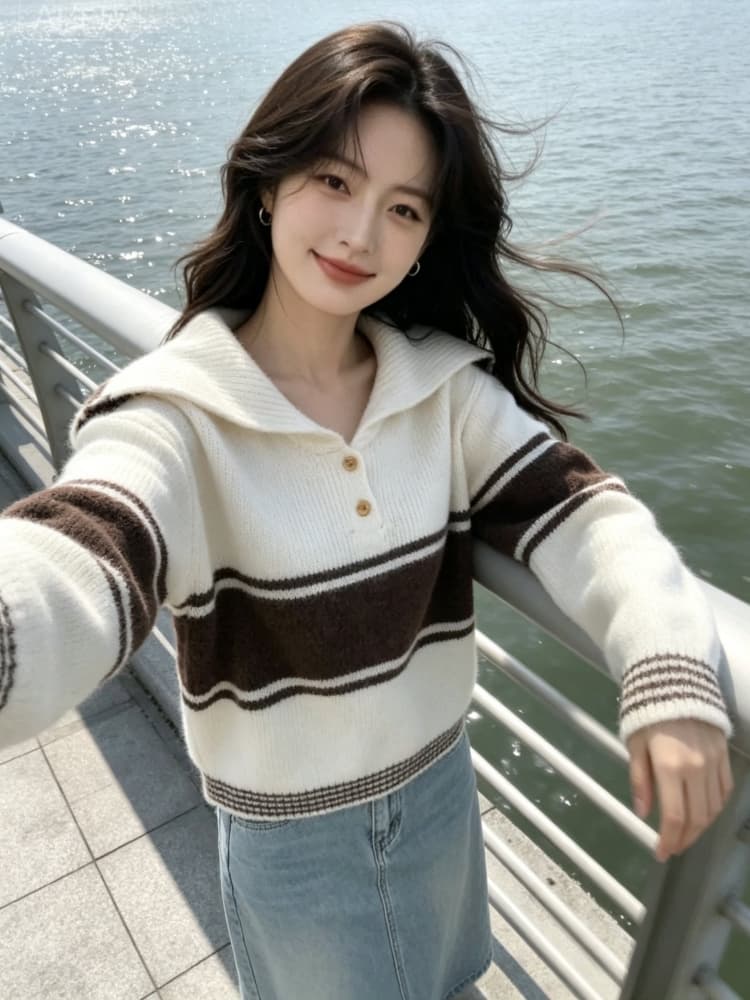 2026 가을 겨울 새로운 학원 스타일 해군 칼라 배색 스트라이프 니트 스웨터 맨위 느긋한 바람 긴팔 스웨터 외출용 상세 이미지 5