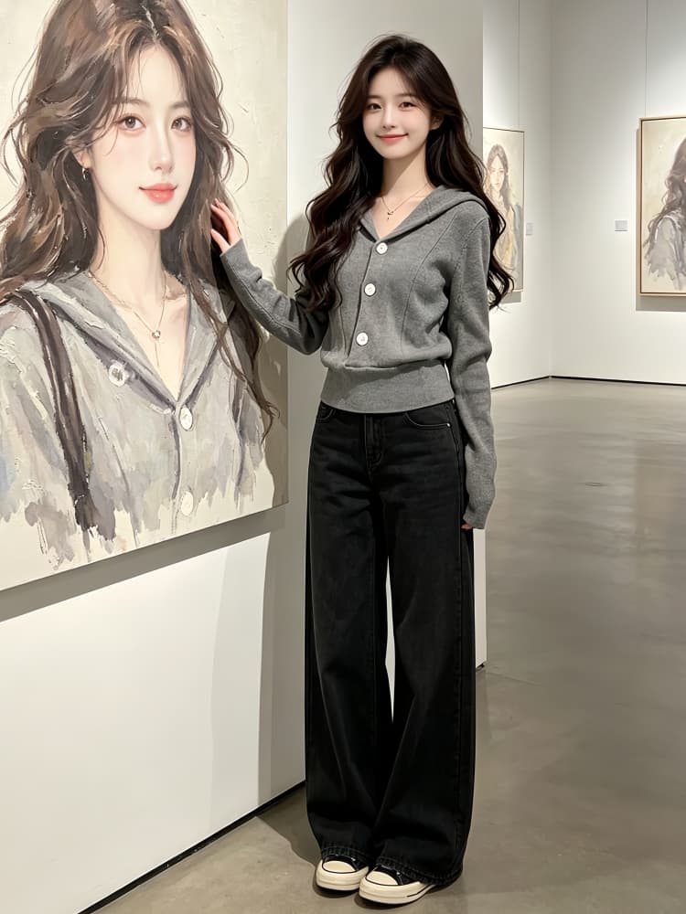 가을 겨울 2026 새로운 슈퍼 화재 빛 요리 한 착용 가져 가라. 전체 집합 한 부서 ootd 니트 맨위 청바지 두 조각 여성 세트 상세 이미지 1