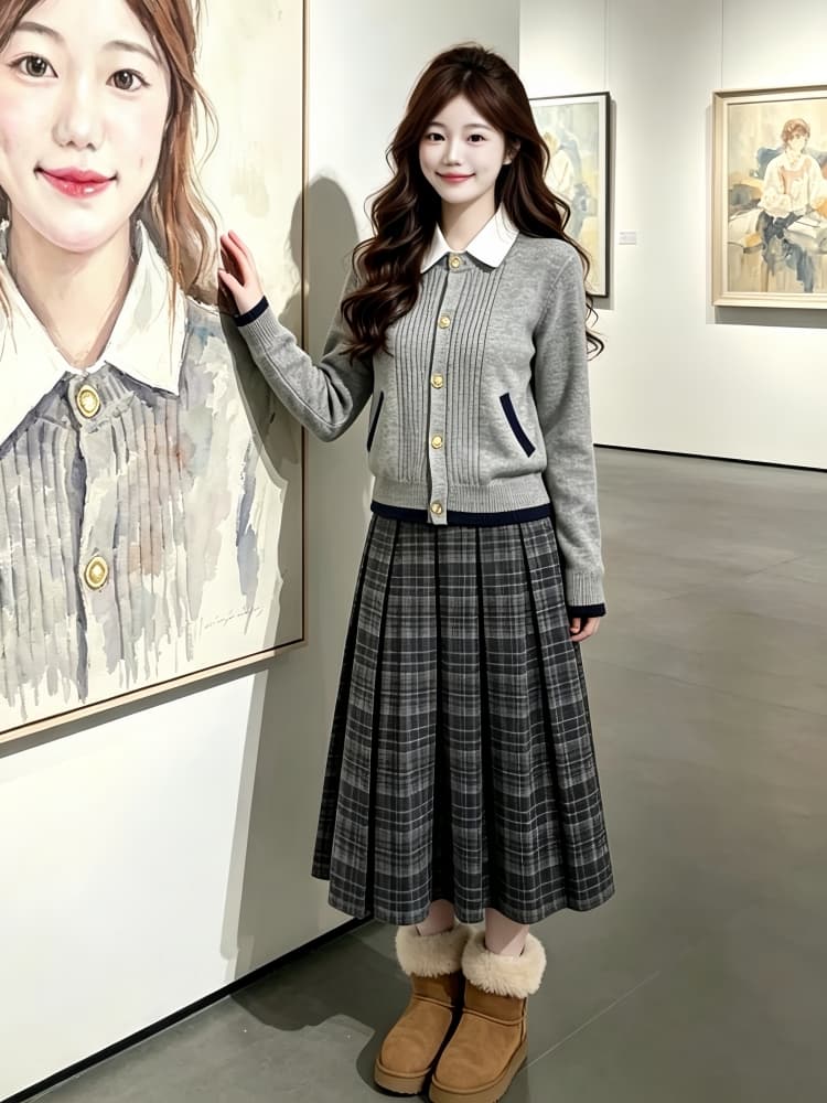 2026 자이언트 잘 생긴 ~ 중 연령 감소 아름다운 착용 코디 전체 집합 슈퍼 화재 니트 스웨터 체크무늬 반신 스커트 투피스 슈트 이미지 3