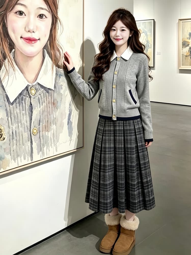 2026 자이언트 잘 생긴 ~ 중 연령 감소 아름다운 착용 코디 전체 집합 슈퍼 화재 니트 스웨터 체크무늬 반신 스커트 투피스 슈트 상세 이미지 1