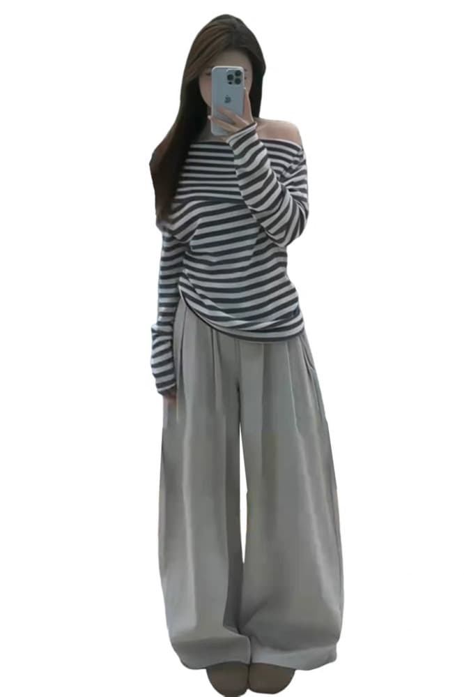 한 부서 느긋한 바람 착용 가져 가라. 전체 집합 가을 겨울 분위기 센스 여성 의류 오프숄더 스트라이프 맨위 와이드 레그 팬츠 세트 트렌디 이미지 5