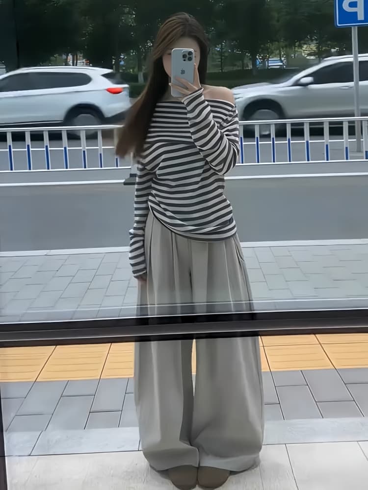 한 부서 느긋한 바람 착용 가져 가라. 전체 집합 가을 겨울 분위기 센스 여성 의류 오프숄더 스트라이프 맨위 와이드 레그 팬츠 세트 트렌디 상세 이미지 1