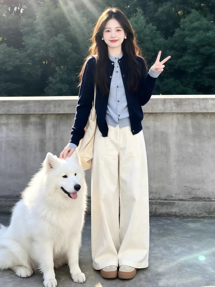 자이언트 잘 생긴 ~ 중 착용 가져 가라. 전체 집합 2026 새로운 절묘한 연령 감소 한 부서 페이크 레이어드 니트 스웨터 청바지 세트 이미지 2