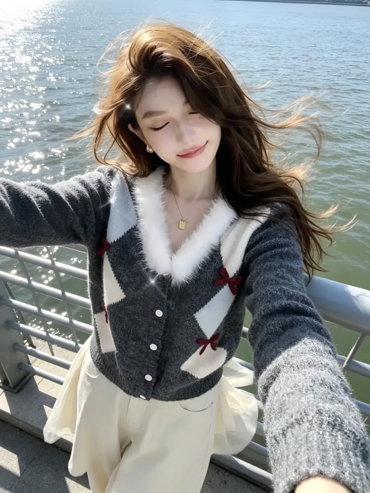 레트로 링 그리드 나비 매듭 털 모피 칼라 니트 오픈 가디건 스웨터 여자 가을 겨울 새로운 부드러운 찹쌀 편안함 니트 재킷 트렌디 상세 이미지 8