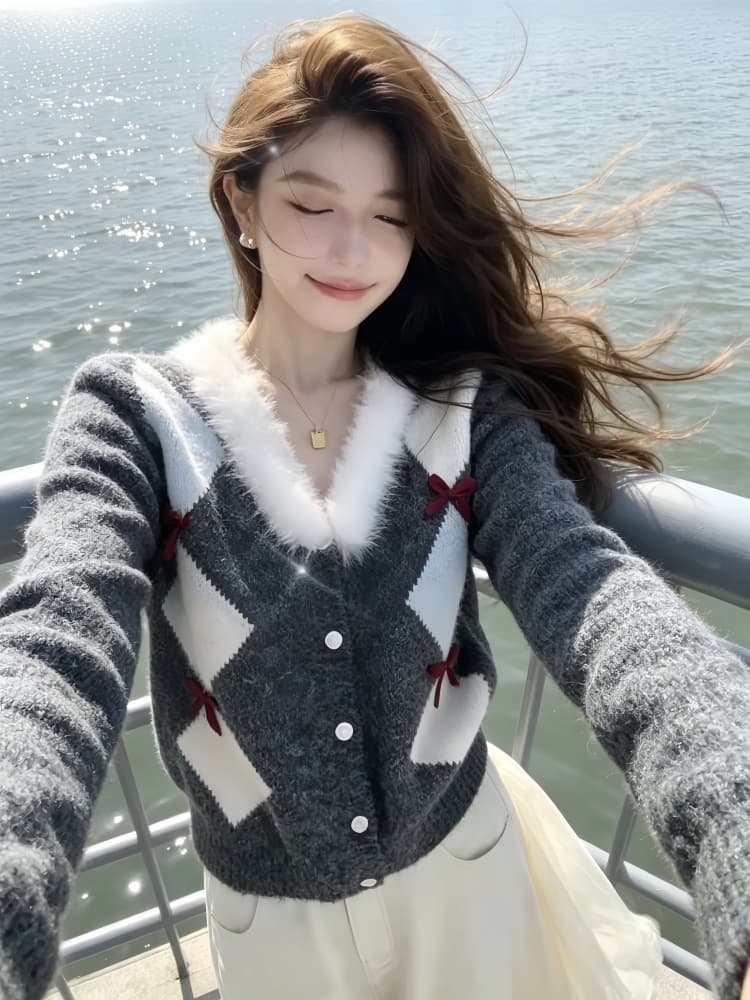 레트로 링 그리드 나비 매듭 털 모피 칼라 니트 오픈 가디건 스웨터 여자 가을 겨울 새로운 부드러운 찹쌀 편안함 니트 재킷 트렌디 상세 이미지 10