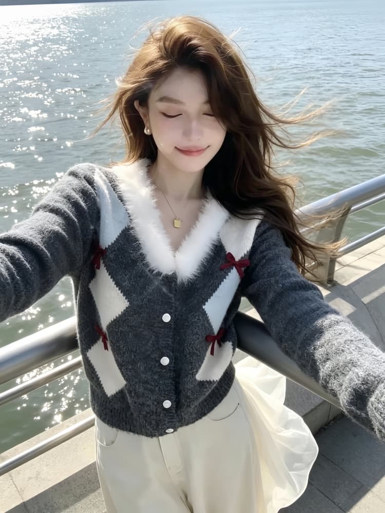 레트로 링 그리드 나비 매듭 털 모피 칼라 니트 오픈 가디건 스웨터 여자 가을 겨울 새로운 부드러운 찹쌀 편안함 니트 재킷 트렌디 상세 이미지 11
