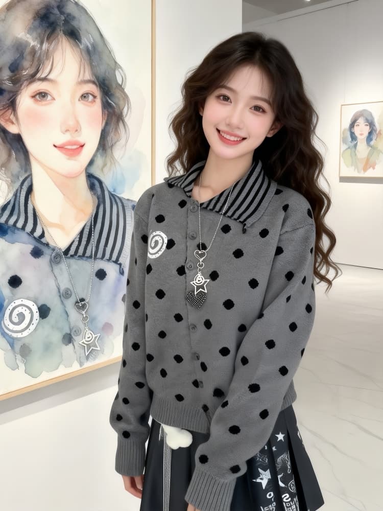 한 부서 소녀 바람 도트 무늬 비스듬한 버클 폴로 칼라 니트 오픈 가디건 가을 겨울 소녀 착용 가져 가라. 루즈핏 다용도 느긋한 스웨터 코트 이미지 2