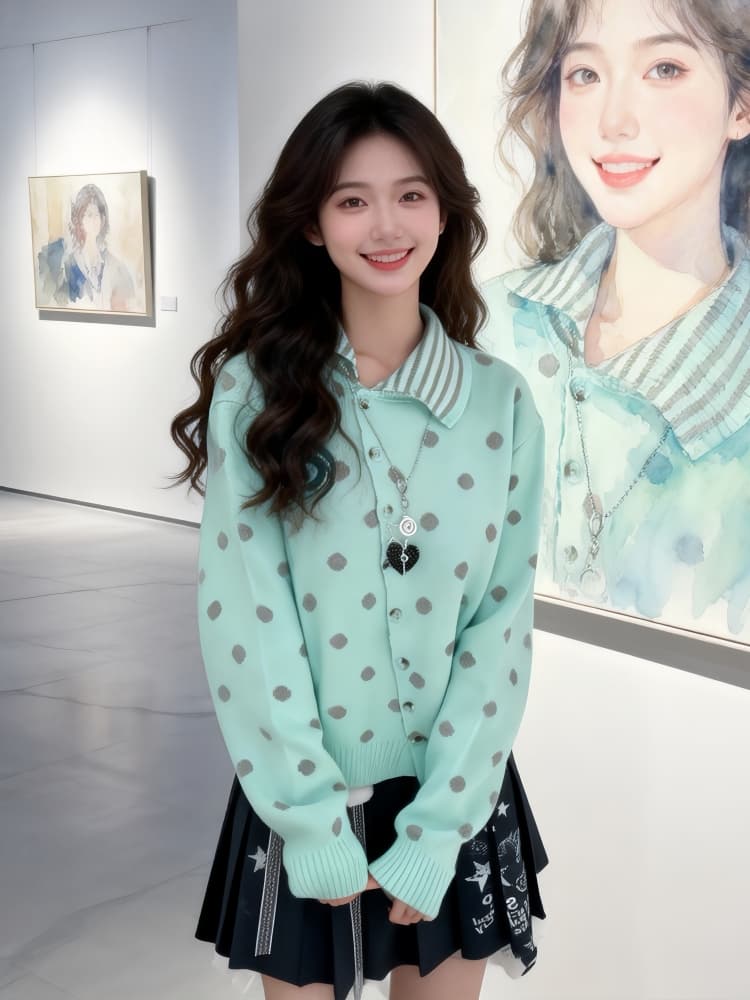 한 부서 소녀 바람 도트 무늬 비스듬한 버클 폴로 칼라 니트 오픈 가디건 가을 겨울 소녀 착용 가져 가라. 루즈핏 다용도 느긋한 스웨터 코트 이미지 3