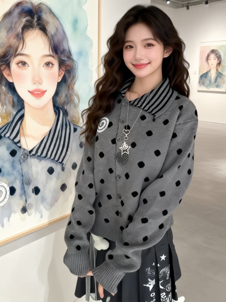 한 부서 소녀 바람 도트 무늬 비스듬한 버클 폴로 칼라 니트 오픈 가디건 가을 겨울 소녀 착용 가져 가라. 루즈핏 다용도 느긋한 스웨터 코트 상세 이미지 6
