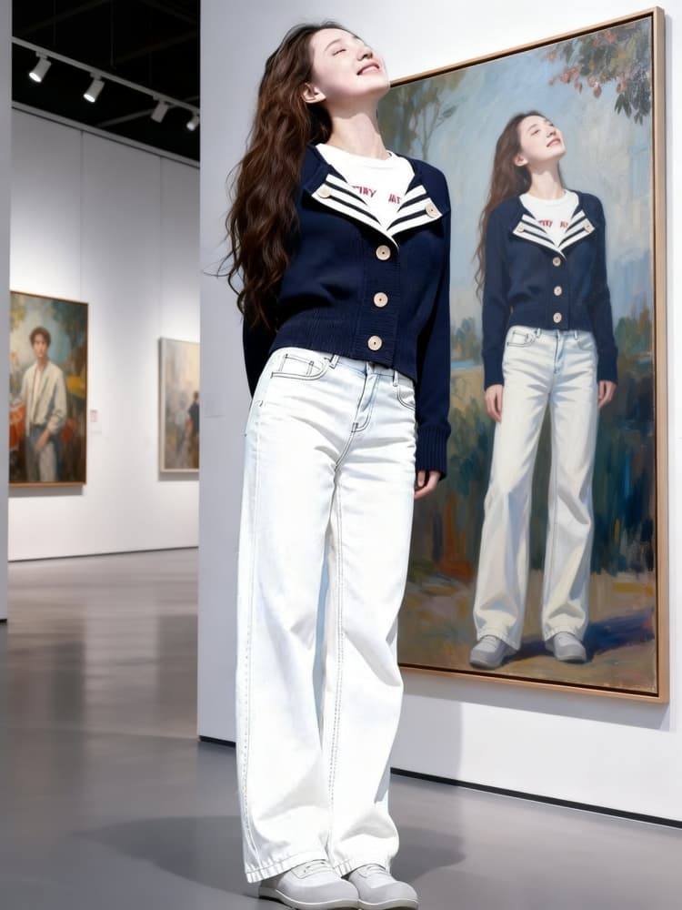 한 부서 연령 감소 루즈핏 느긋한 폴로 칼라 니트 오픈 가디건 스웨터 청바지 세트 여성 가을 겨울철 착용 가져 가라. 전체 집합 상세 이미지 1