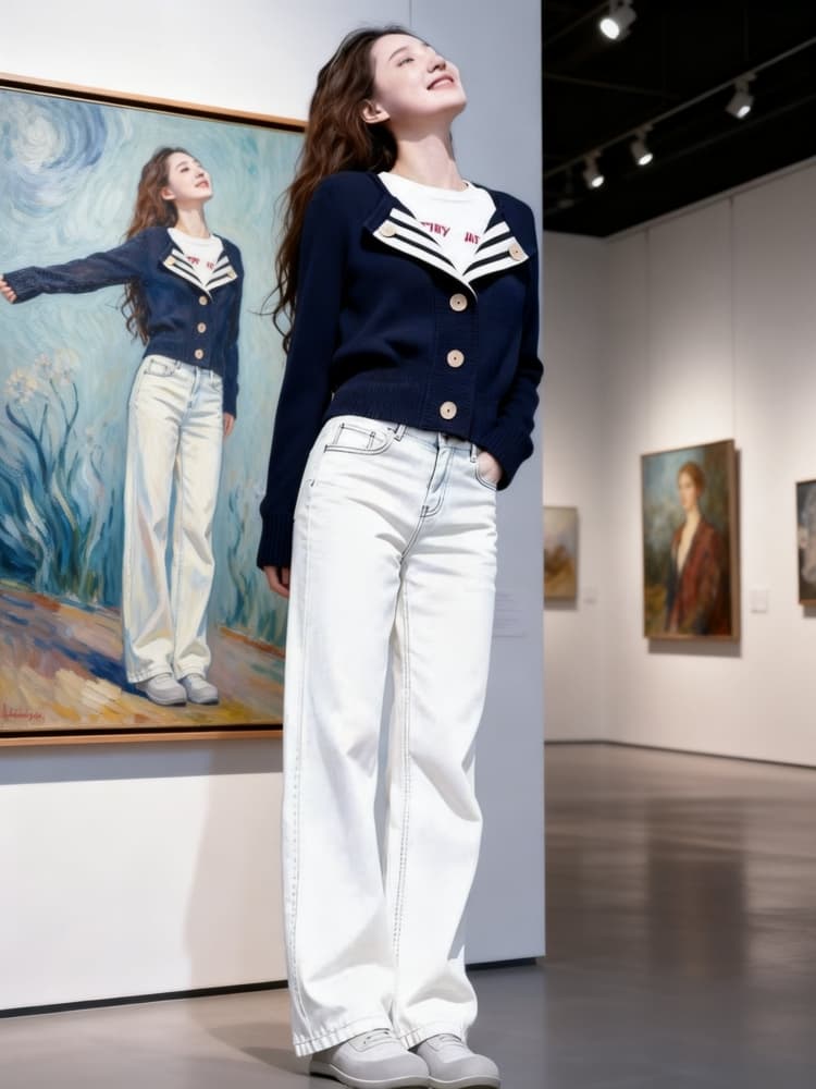 한 부서 연령 감소 루즈핏 느긋한 폴로 칼라 니트 오픈 가디건 스웨터 청바지 세트 여성 가을 겨울철 착용 가져 가라. 전체 집합 상세 이미지 3