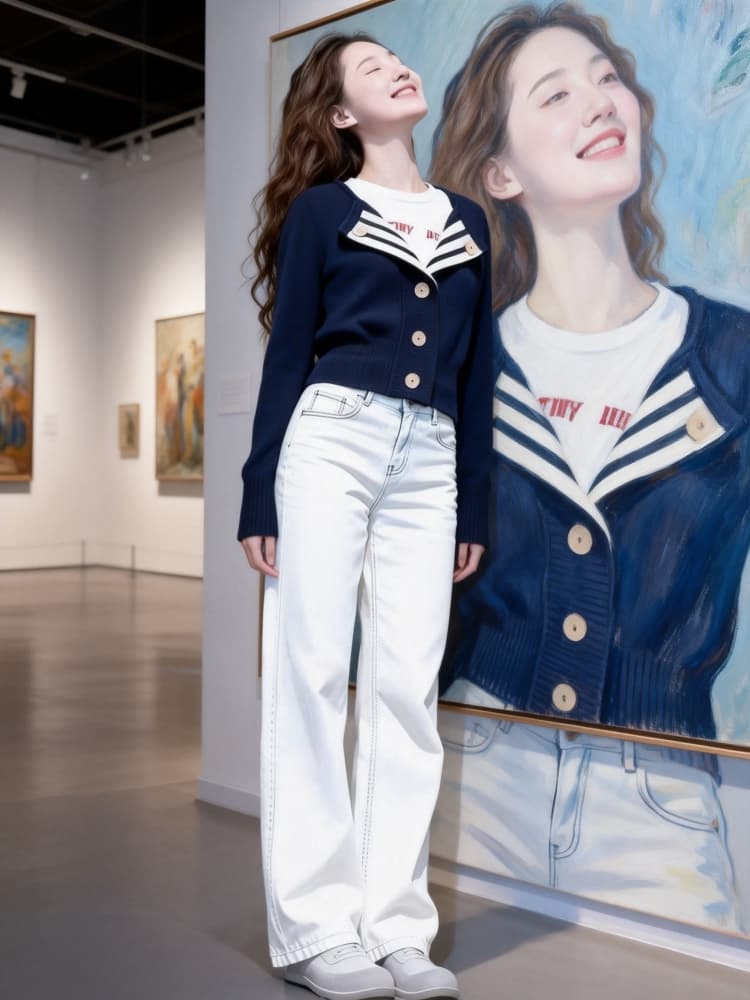 한 부서 연령 감소 루즈핏 느긋한 폴로 칼라 니트 오픈 가디건 스웨터 청바지 세트 여성 가을 겨울철 착용 가져 가라. 전체 집합 상세 이미지 5