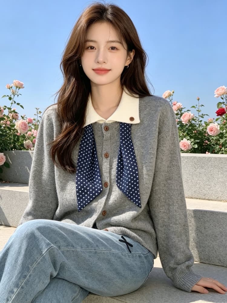 한 부서 스카프 폴로 칼라 니트 스웨터 여성 2026 가을 겨울 새로운 디자인 센스 슬림해 보이는 작은 키 긴팔 스웨터 코트 상세 이미지 4
