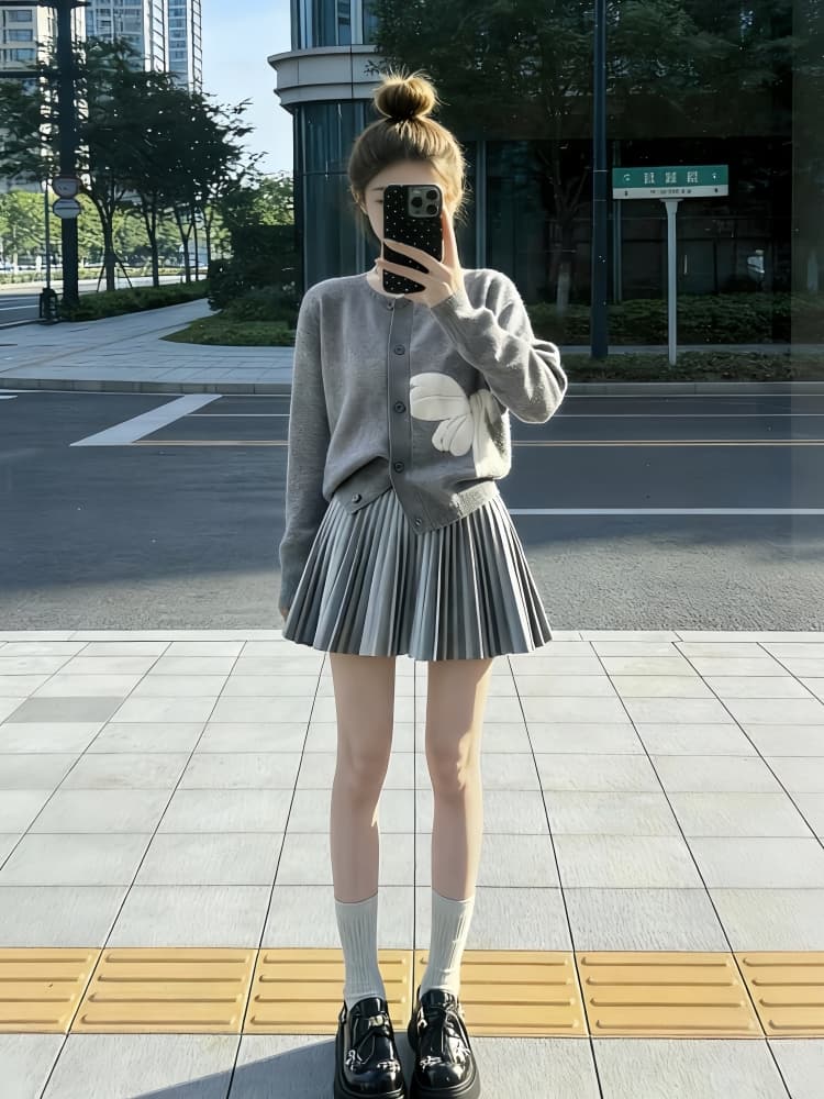 느긋한 바람 착용 가져 가라. 전체 집합 가을 겨울 새로운 작은 키 외국 가스 니트 오픈 가디건 여성 플리츠 미니 스커트 투피스 세트 트렌디 상세 이미지 4
