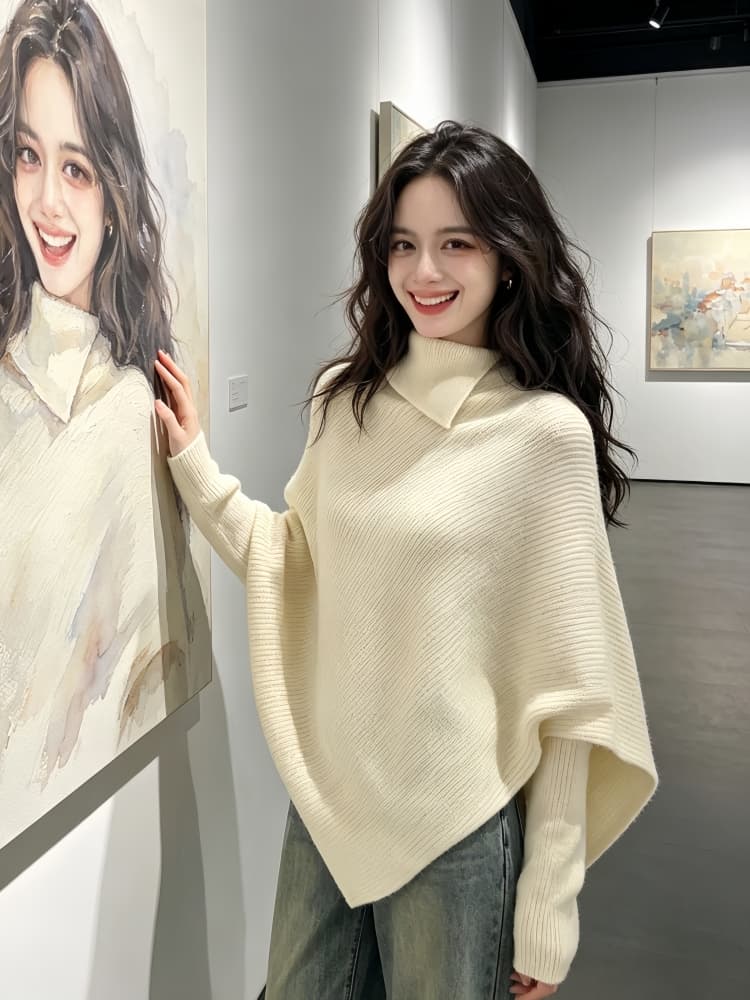 프랑스식 불규칙 터틀넥 망토 풀오버 스웨터 여자 가을 겨울 한 부서 착용 가져 가라. 루즈핏 느긋한 바람 니트 스웨터 맨위 상세 이미지 1