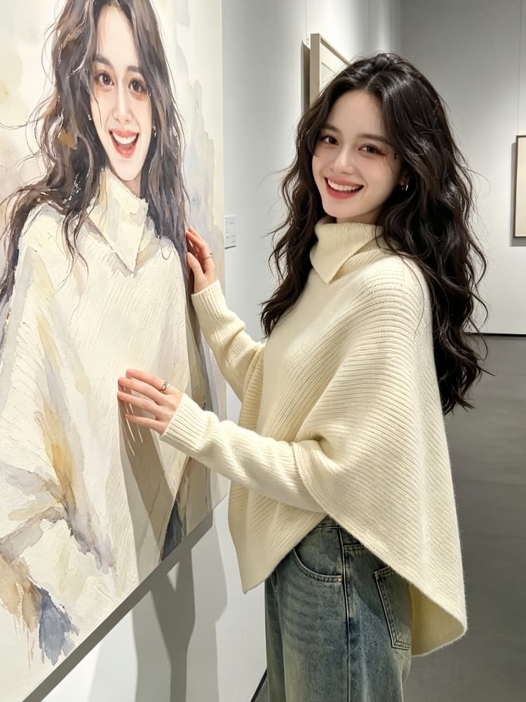 프랑스식 불규칙 터틀넥 망토 풀오버 스웨터 여자 가을 겨울 한 부서 착용 가져 가라. 루즈핏 느긋한 바람 니트 스웨터 맨위 상세 이미지 2