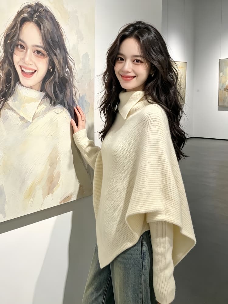 프랑스식 불규칙 터틀넥 망토 풀오버 스웨터 여자 가을 겨울 한 부서 착용 가져 가라. 루즈핏 느긋한 바람 니트 스웨터 맨위 상세 이미지 3