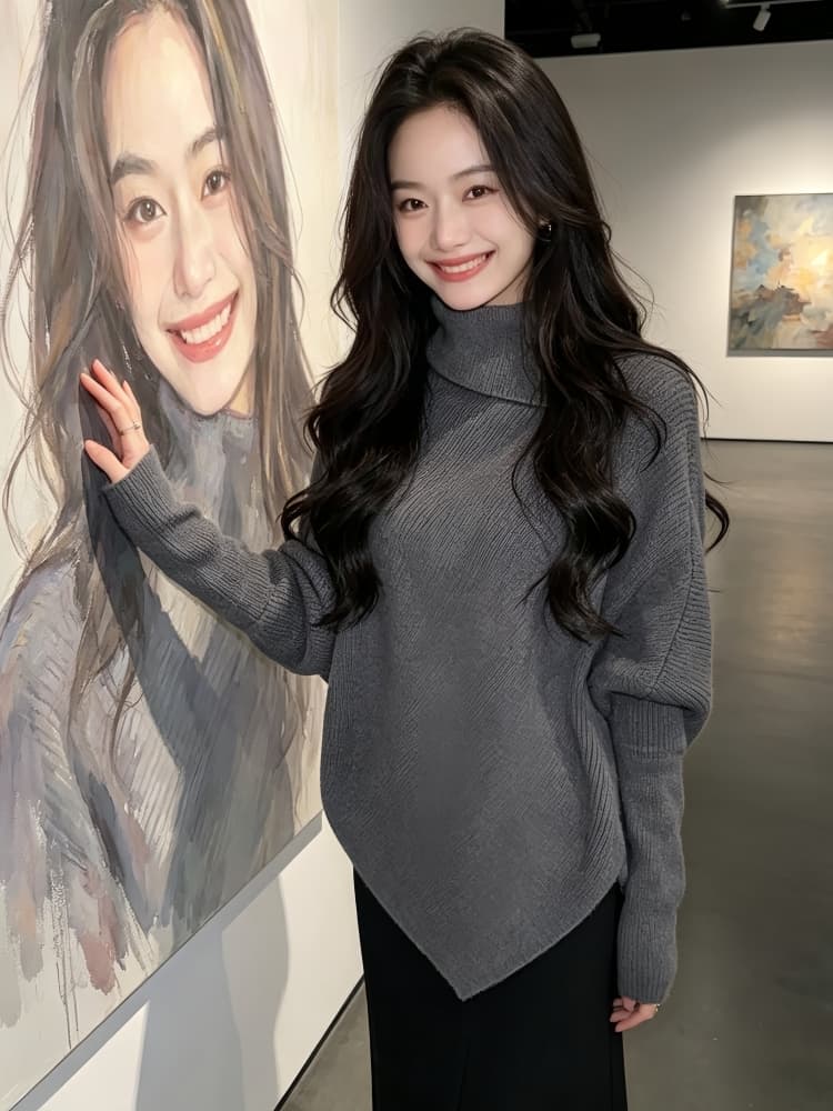 프랑스식 불규칙 터틀넥 망토 풀오버 스웨터 여자 가을 겨울 한 부서 착용 가져 가라. 루즈핏 느긋한 바람 니트 스웨터 맨위 상세 이미지 5