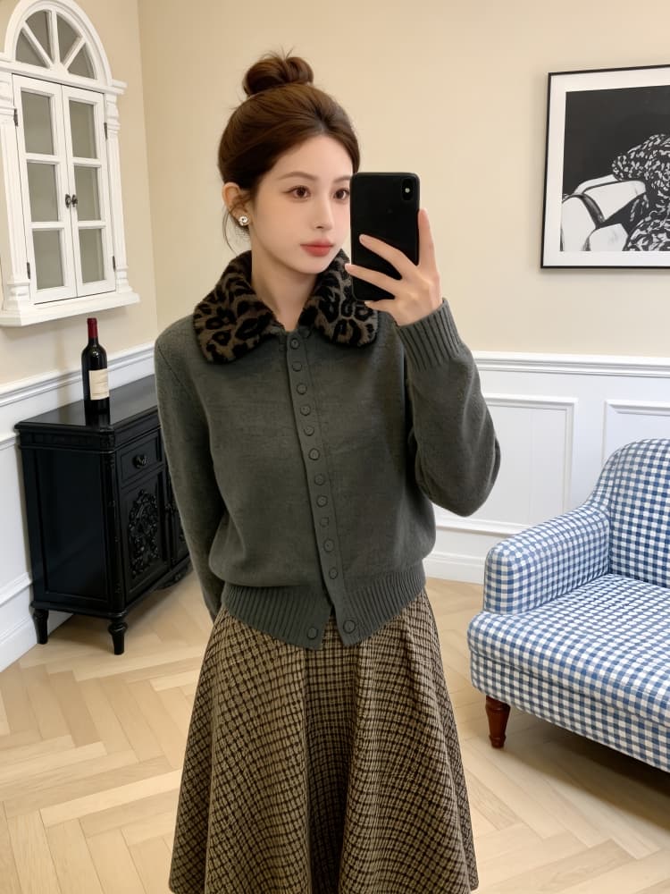 새로운 폴로 칼라 여성 의류 레오파드 무늬 스웨터 코트 미니멀리즘 2026 가을 겨울 다용도 느긋한 슬림해 보이는 니트 스웨터 오픈 가디건 트렌디 상세 이미지 5
