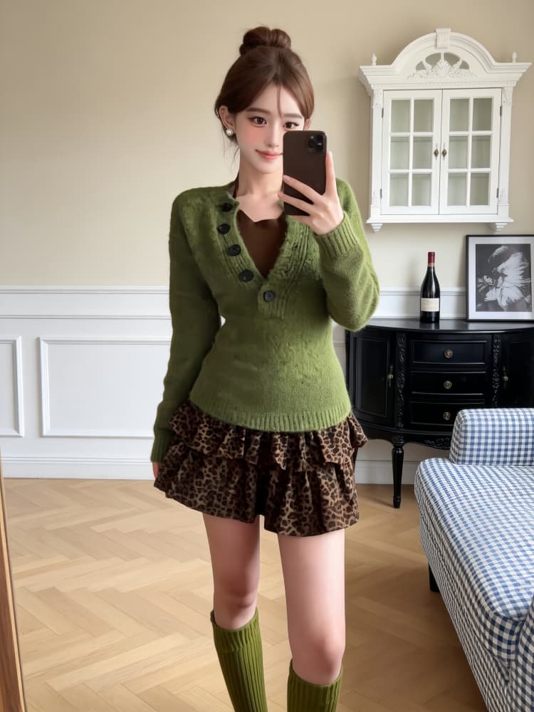 한 부서 부드러운 바람 녹색 반 개방 칼라 스웨터 여자 2026 자이언트 잘 생긴 ~ 중 아름다운 몸매 가꾸기 슬림해 보이는 니트 스웨터 맨위 상세 이미지 2